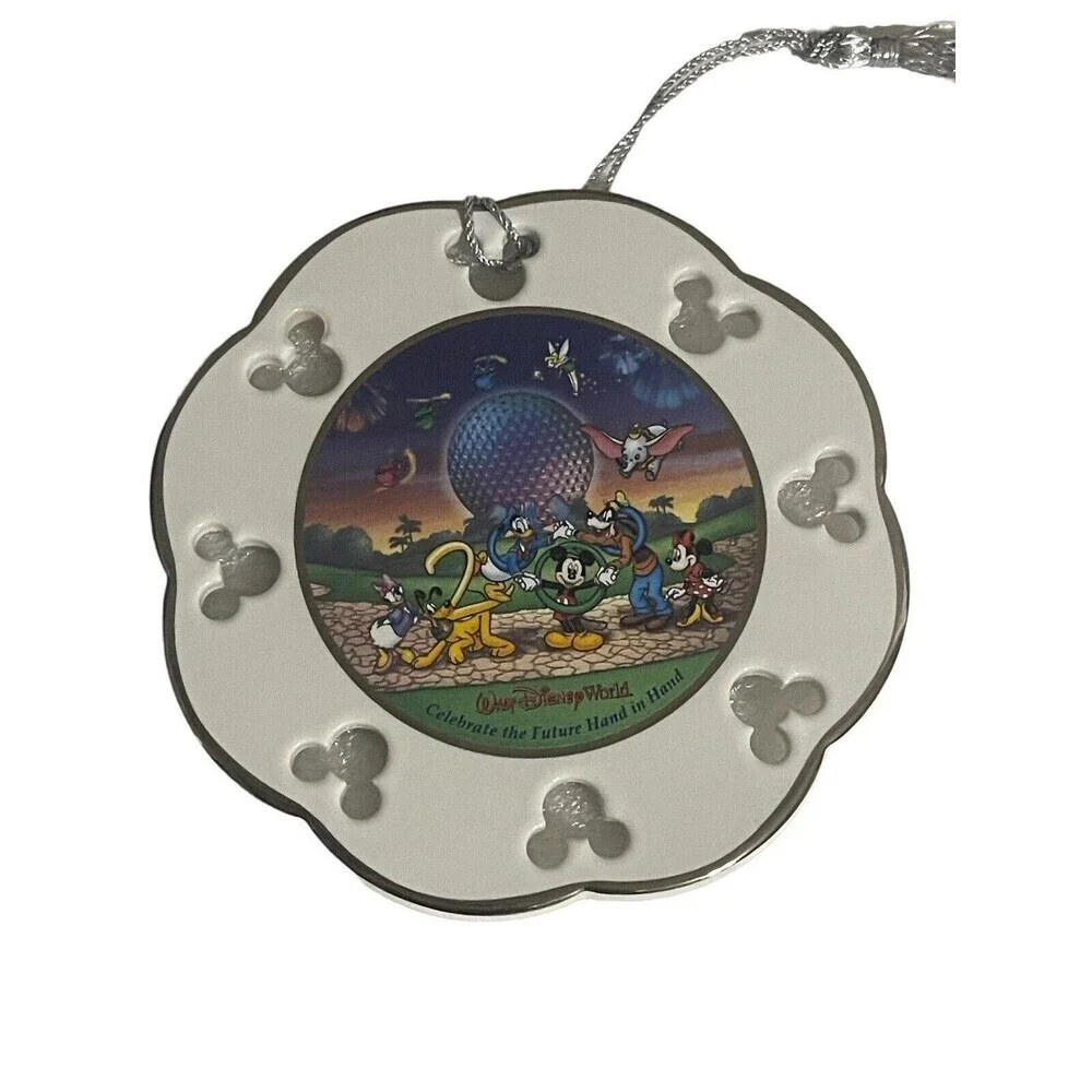 Vintage WALT DISNEY WORLD 2000 Celebrate the Future Hand In Hand Disc Ornament